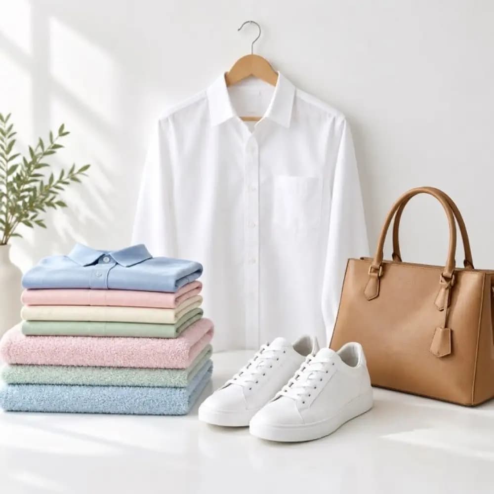 Cleaned white trainers, a handbag and folded laundry