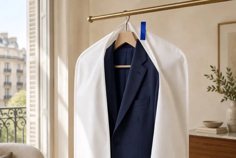 A navy suit in a garment cover, cleaned and pressed
