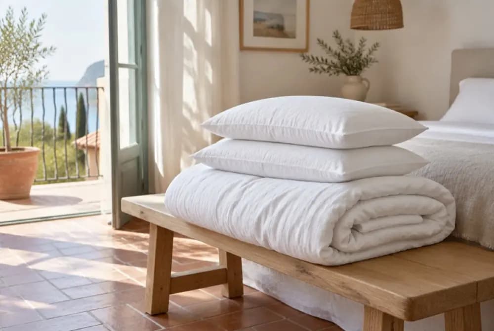 Freshly laundered white bed linen folded on a bench